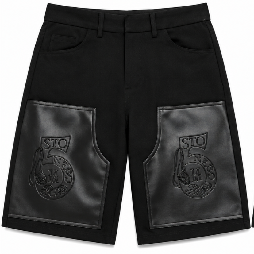5 Stones Leather Patchwork Denim shorts